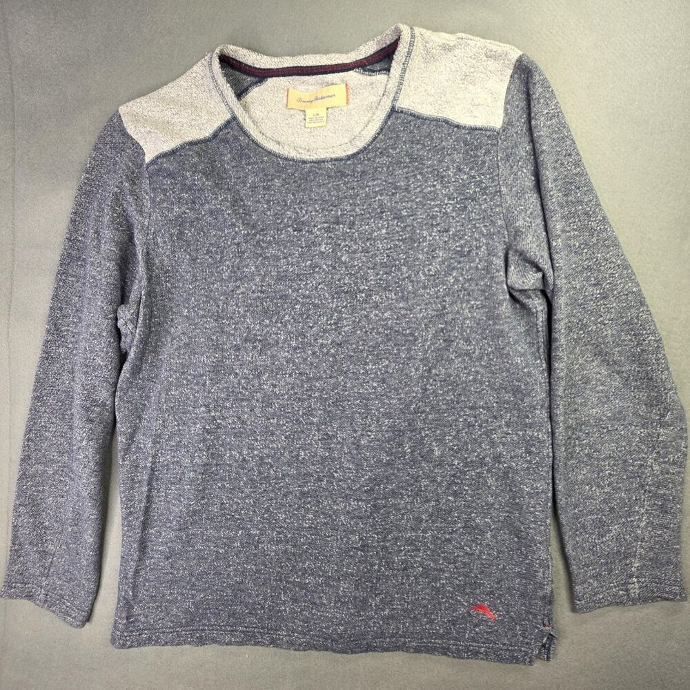 Tommy Bahama Sweater Mens Large Blue Heather Crewneck Pullover Knit Marlin Logo